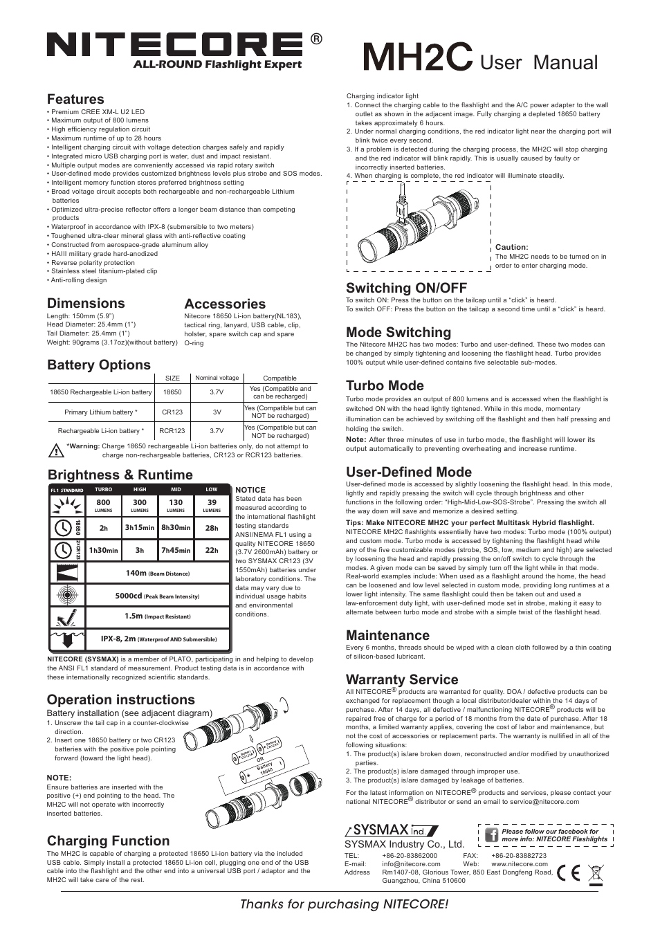 NITECORE MH2C User Manual | 1 page