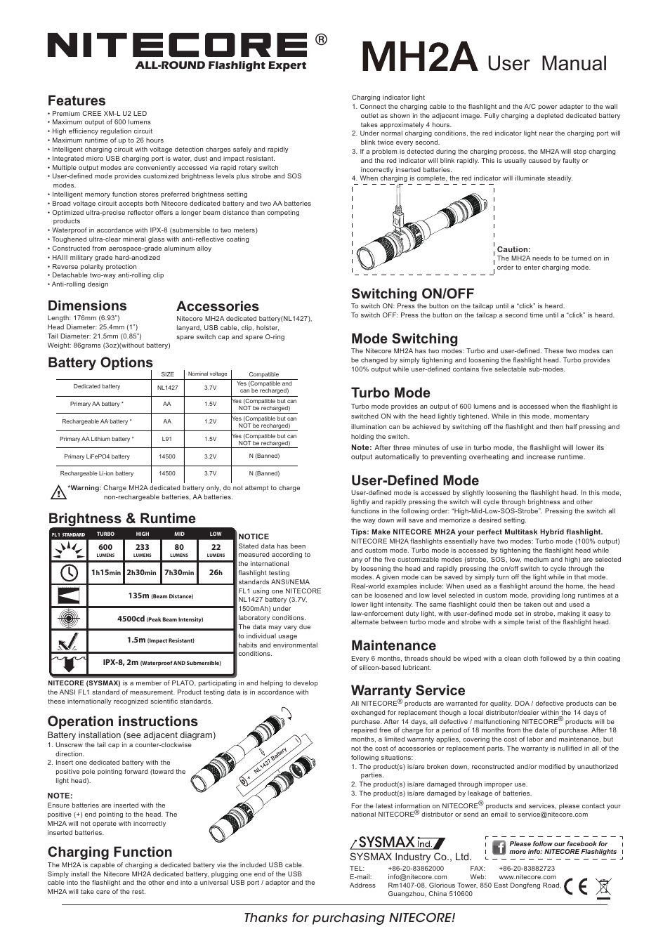 NITECORE MH2A User Manual | 1 page