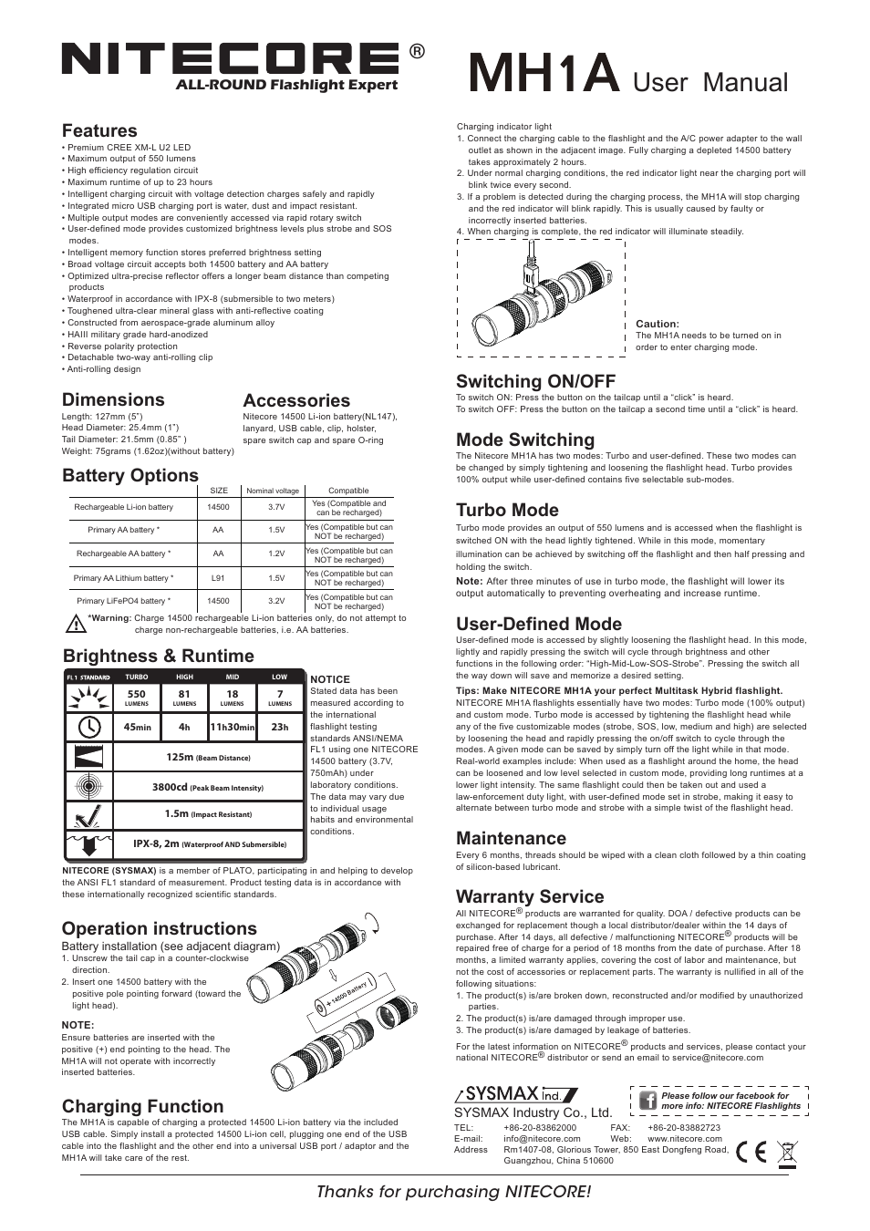 NITECORE MH1A User Manual | 1 page