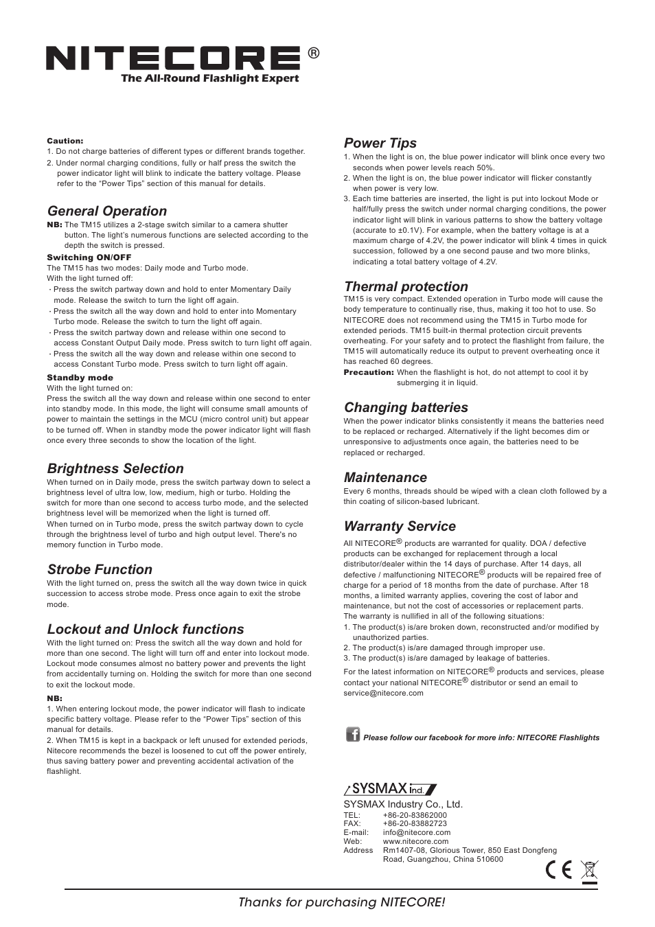 Features, Dimensions, Accessories | Battery options operation instructions, Output & runtime, Power tips, Thermal protection, Changing batteries, Maintenance, Warranty service | NITECORE TM15 User Manual | Page 2 / 2