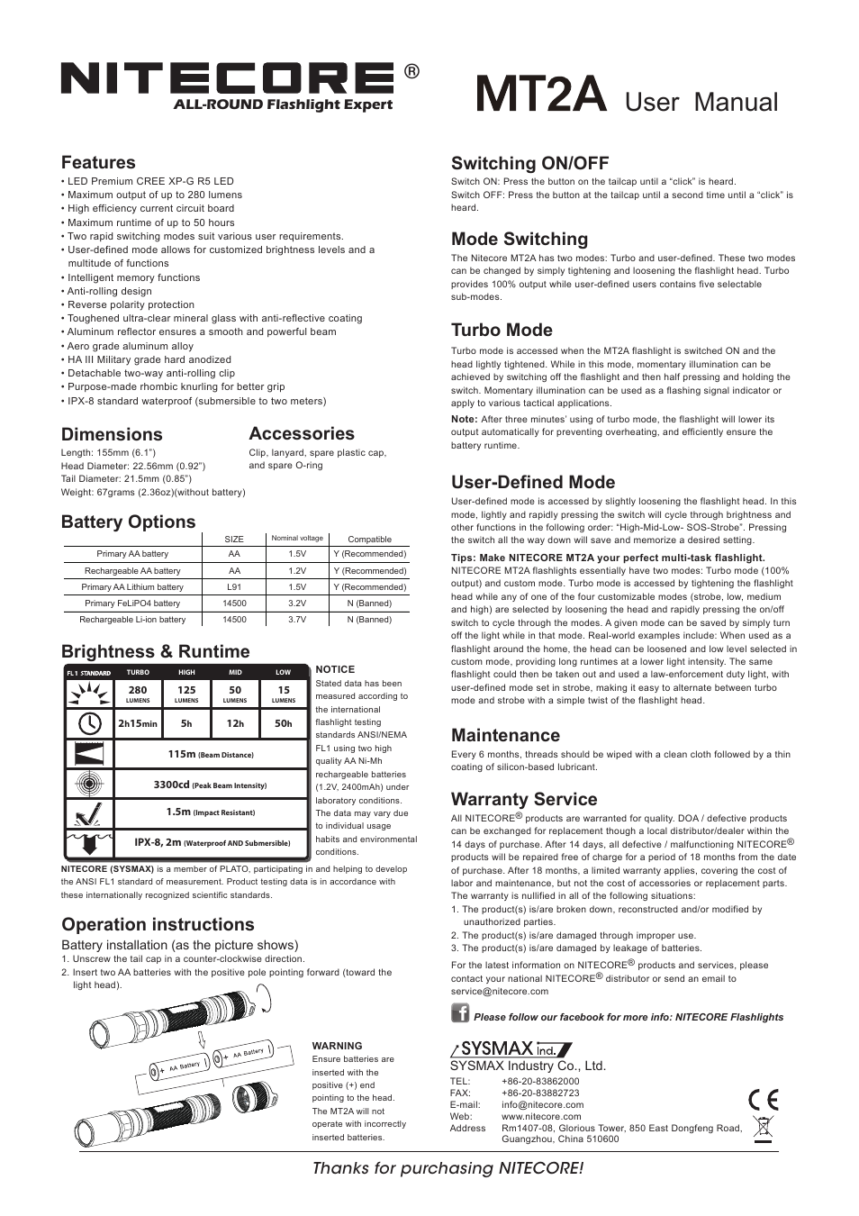 NITECORE MT2A User Manual | 1 page