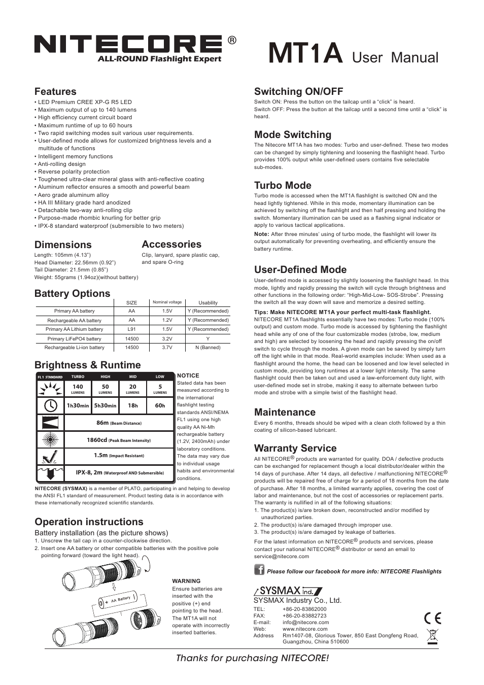 NITECORE MT1A User Manual | 1 page