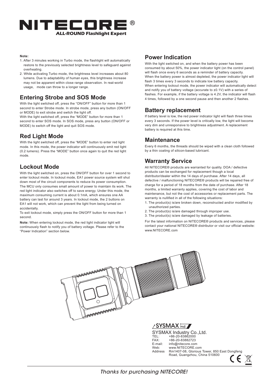 Features, Dimensions, Accessories | Battery options, Switching on/off, Brightness selection, Entering turbo mode, Operation instructions, Brightness & runtime, Entering strobe and sos mode | NITECORE EA1 User Manual | Page 2 / 2