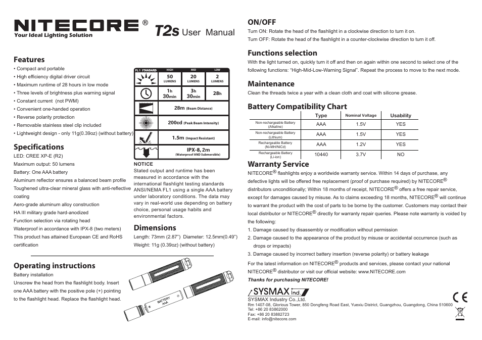 NITECORE T2s User Manual | 1 page