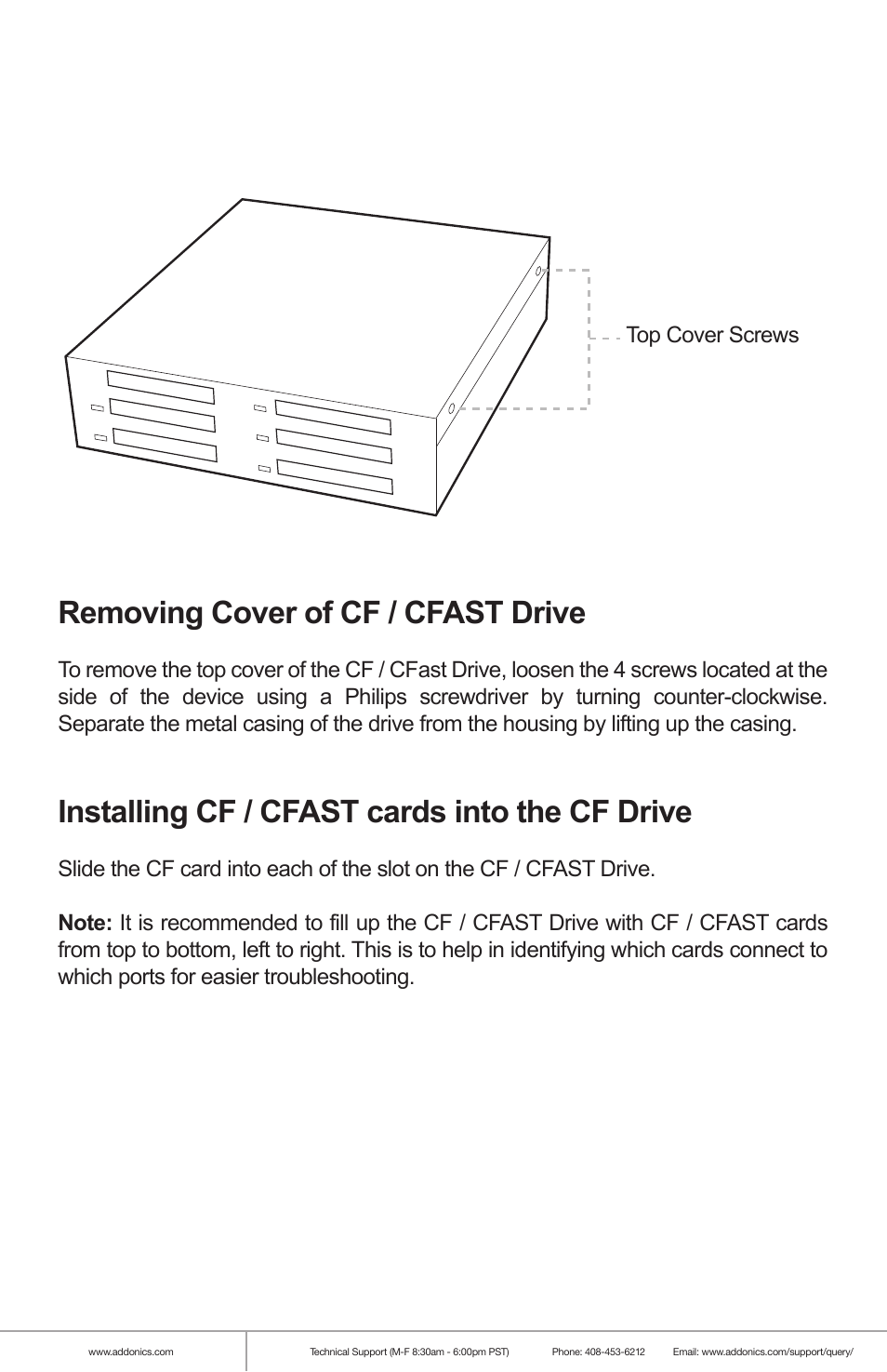 Removing cover of cf / cfast drive, Installing cf / cfast cards into the cf drive | Addonics Technologies AE6CFHI User Manual | Page 2 / 8