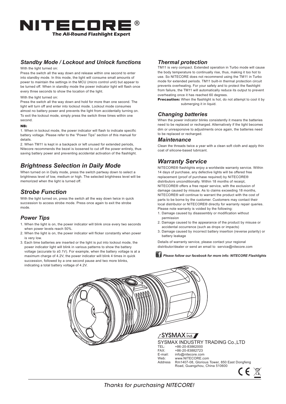 Features, Dimensions, Accessories | General operation, Brightness selection in daily mode, Strobe function, Operation instructions, Output & runtime, Warranty service, Standby mode / lockout and unlock functions | NITECORE TM11 User Manual | Page 2 / 2