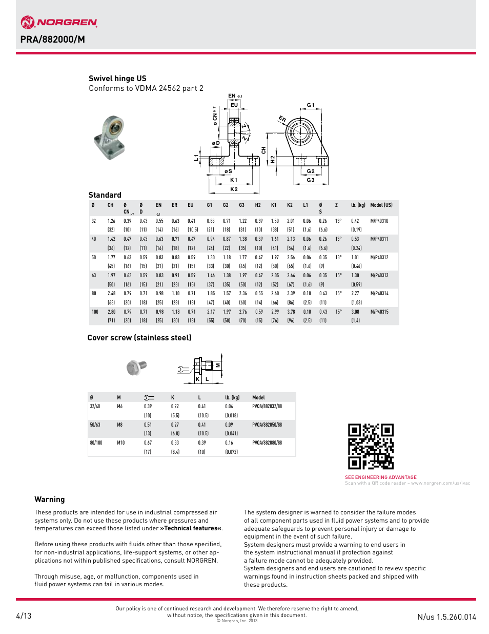 Warning, Standard cover screw (stainless steel) | Norgren PRA/882000/M IVAC Cleanline cylinder User Manual | Page 14 / 14