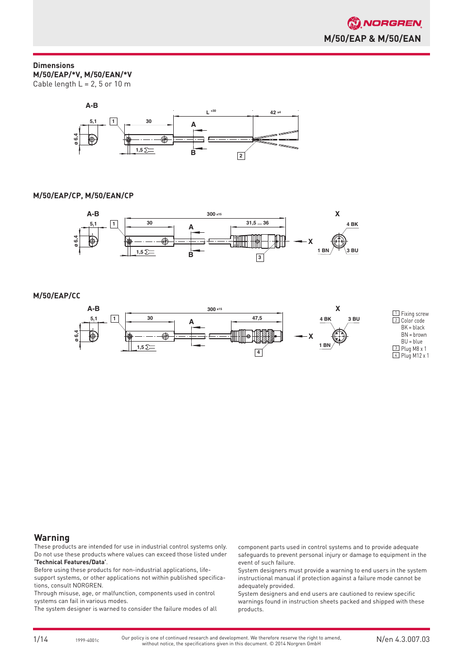 M/50/eap & m/50/ean warning | Norgren M/50/EAP Magnetically Operated Switches User Manual | Page 3 / 3