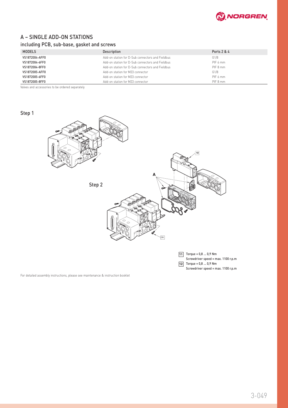 A – single add-on stations, Including pcb, sub-base, gasket and screws step 1, Step 2 | Norgren VS18 Series Valve Islands User Manual | Page 16 / 16