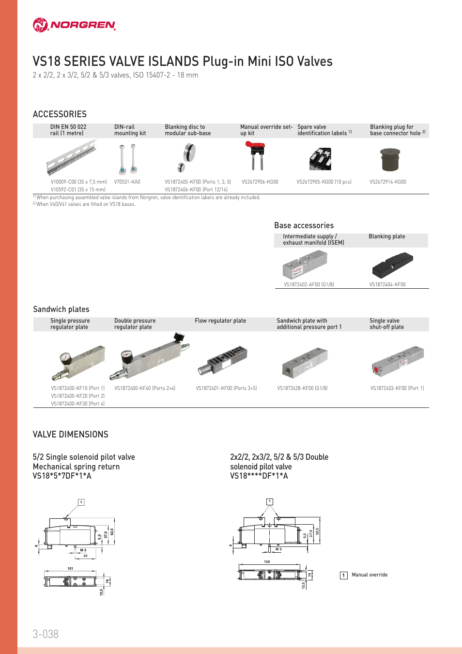 Vs18 series valve islands plug-in mini iso valves, Accessories, Valve dimensions | Base accessories, Sandwich plates | Norgren VS18 Series Valve Islands User Manual | Page 5 / 16
