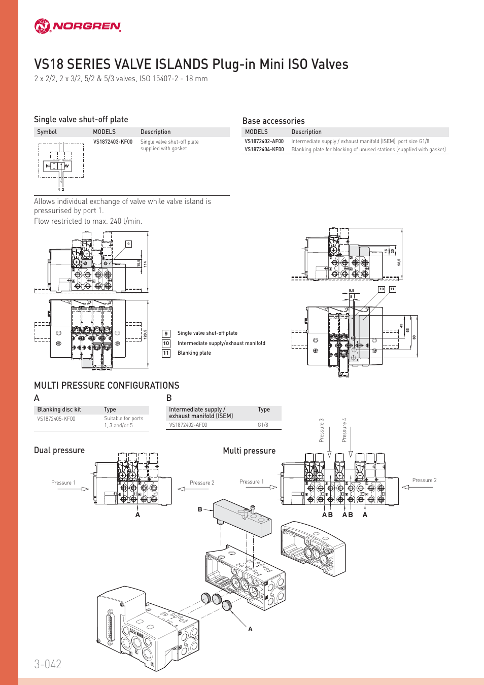 Vs18 series valve islands plug-in mini iso valves, Multi pressure configurations, Base accessories | Single valve shut-off plate, Multi pressure dual pressure | Norgren VS18 Series Valve Islands User Manual | Page 9 / 16