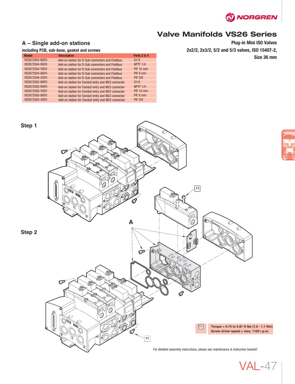 Val- 47, Valve manifolds vs26 series, A – single add-on stations | Step 1, Step 2 | Norgren VS26 Series Valve Manifolds User Manual | Page 22 / 24