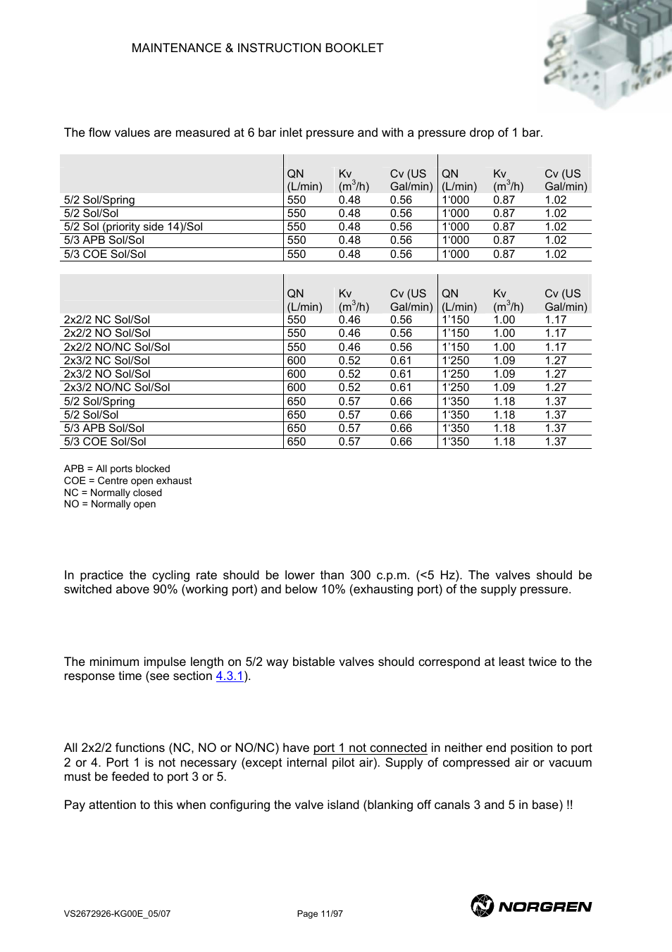 Flow, Maximum cycling rate, Minimum impulse on bistable valves | Important information for 2x2/2 valves | Norgren VS18 Series Valve Advantage User Manual | Page 11 / 97