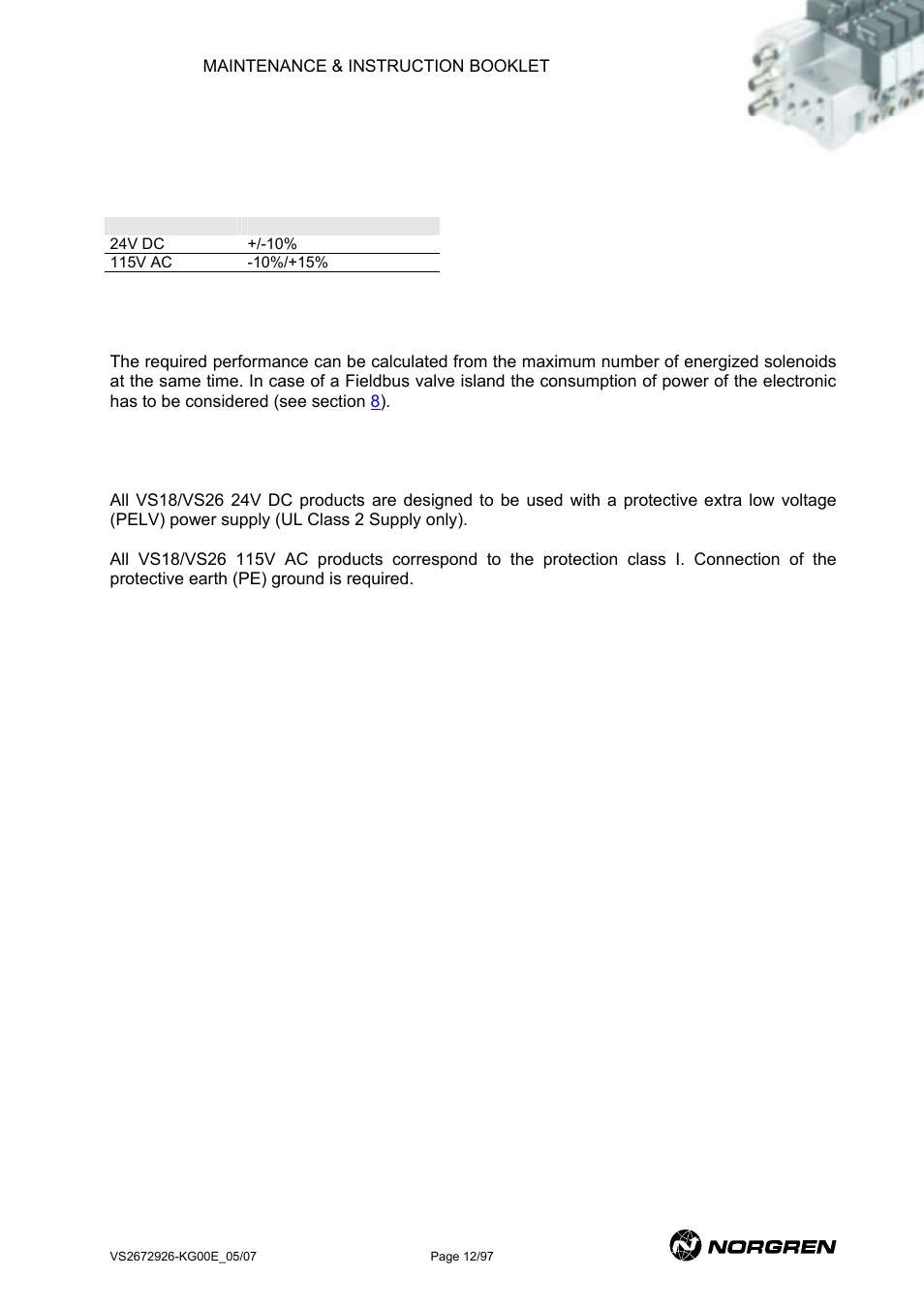 Electrical, Voltage tolerances, Required performance of power supply unit | Power supply and precautions, Lectrical, For information on power supply and earth | Norgren VS18 Series Valve Advantage User Manual | Page 12 / 97