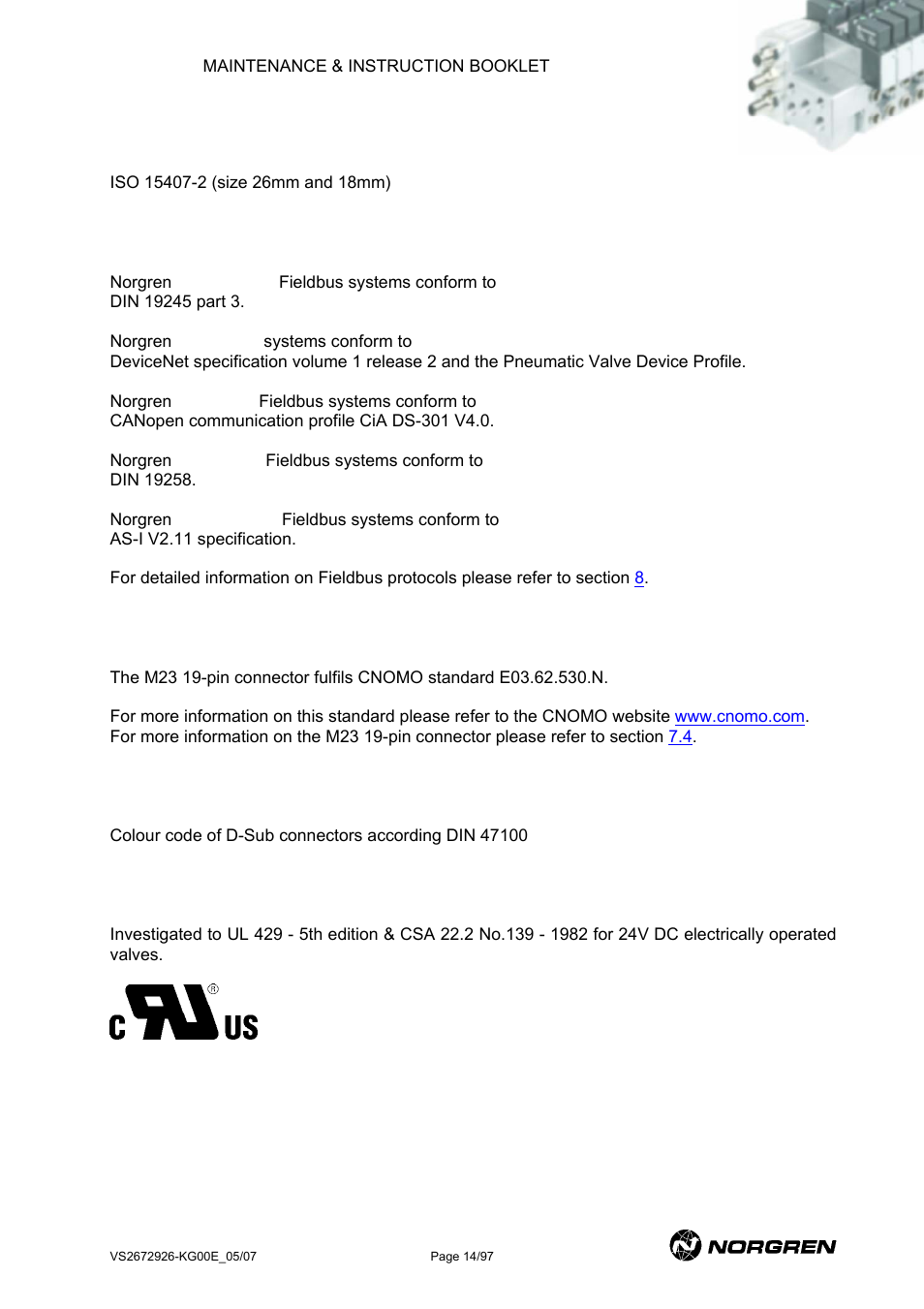Iso standard, Fieldbus standards, Cnomo standard | Din standard, Ul/csa approval | Norgren VS18 Series Valve Advantage User Manual | Page 14 / 97