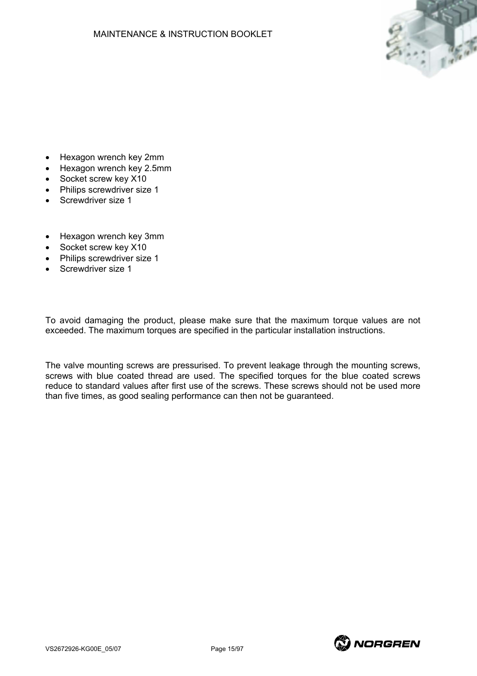 Installation and maintenance mechanical, Installation, Tools | Tightening torque, Nstallation and maintenance mechanical, Nstallation, Exceeded (see section | Norgren VS18 Series Valve Advantage User Manual | Page 15 / 97