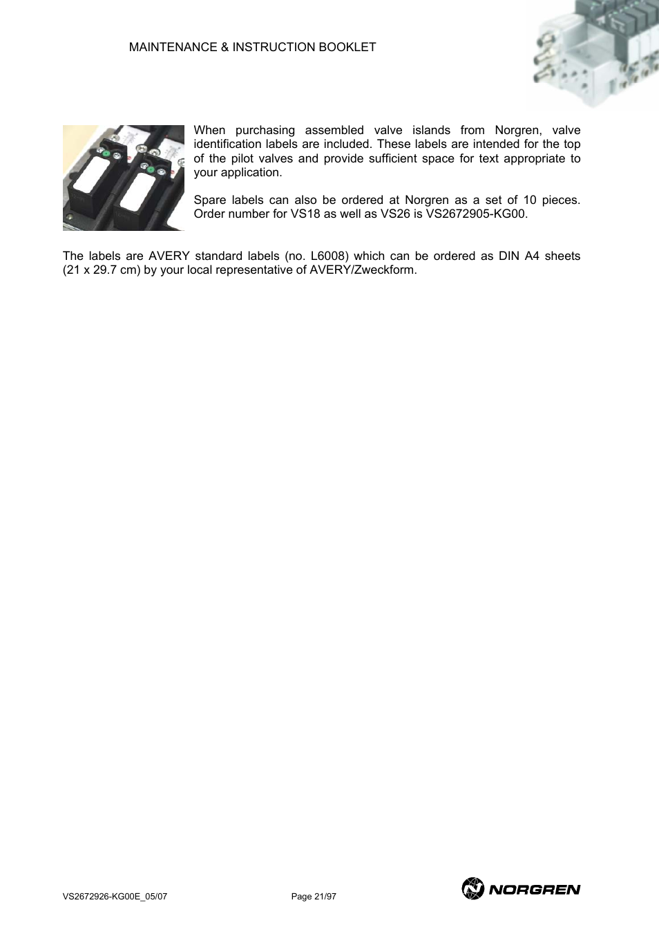 Valve identification labels, 5 valve identification labels | Norgren VS18 Series Valve Advantage User Manual | Page 21 / 97