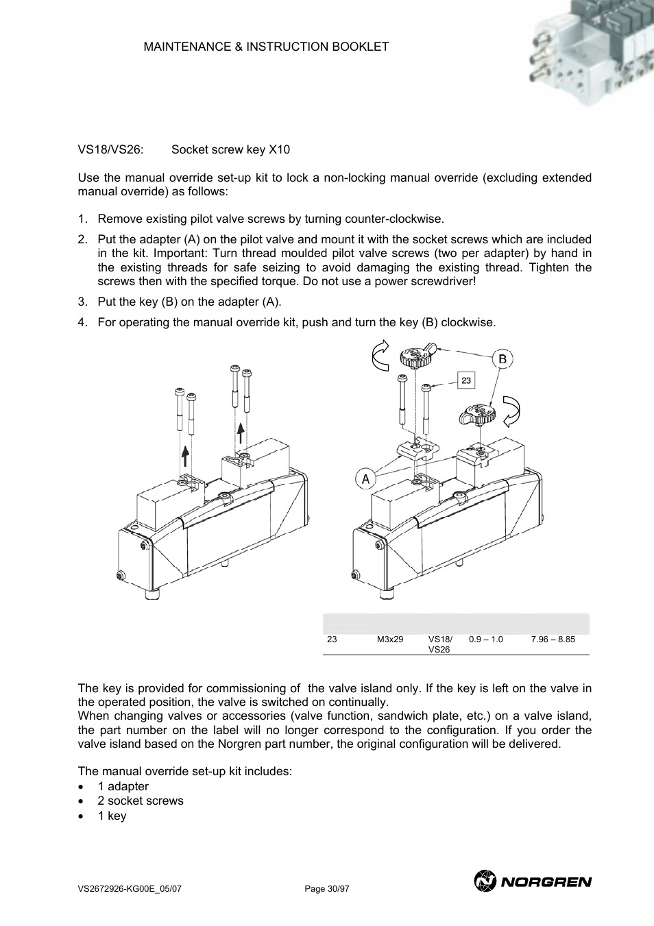 Manual override set-up kit, 13 manual override set-up kit | Norgren VS18 Series Valve Advantage User Manual | Page 30 / 97