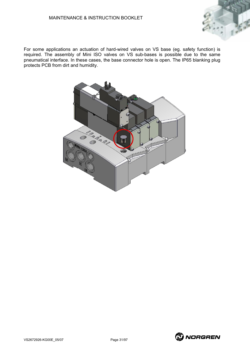 Blanking plug for base connector hole | Norgren VS18 Series Valve Advantage User Manual | Page 31 / 97
