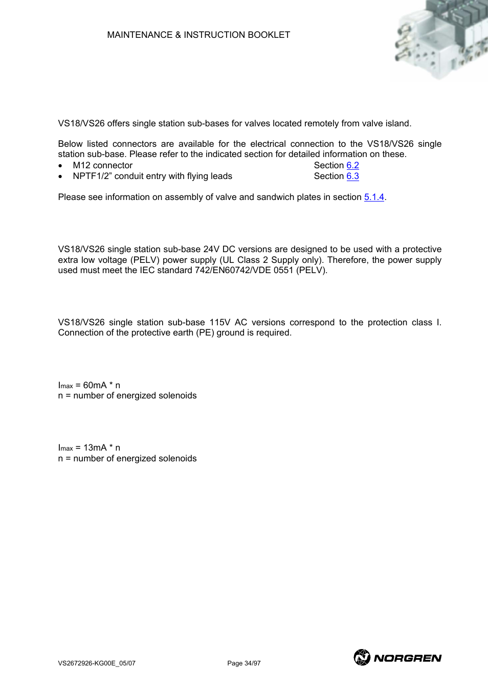 Single station sub-base, General information, 24v dc power supply | 115v ac power supply, Max current load on valve connectors with 24v dc, Max current load on valve connectors with 115v ac, Ingle station sub, Base, Eneral information | Norgren VS18 Series Valve Advantage User Manual | Page 34 / 97