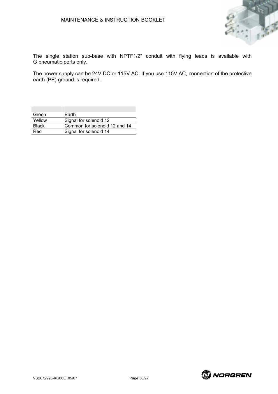 Variant with nptf1/2“ conduit with flying leads, Wiring information, Ariant with | Nptf1/2, Conduit with flying leads | Norgren VS18 Series Valve Advantage User Manual | Page 36 / 97