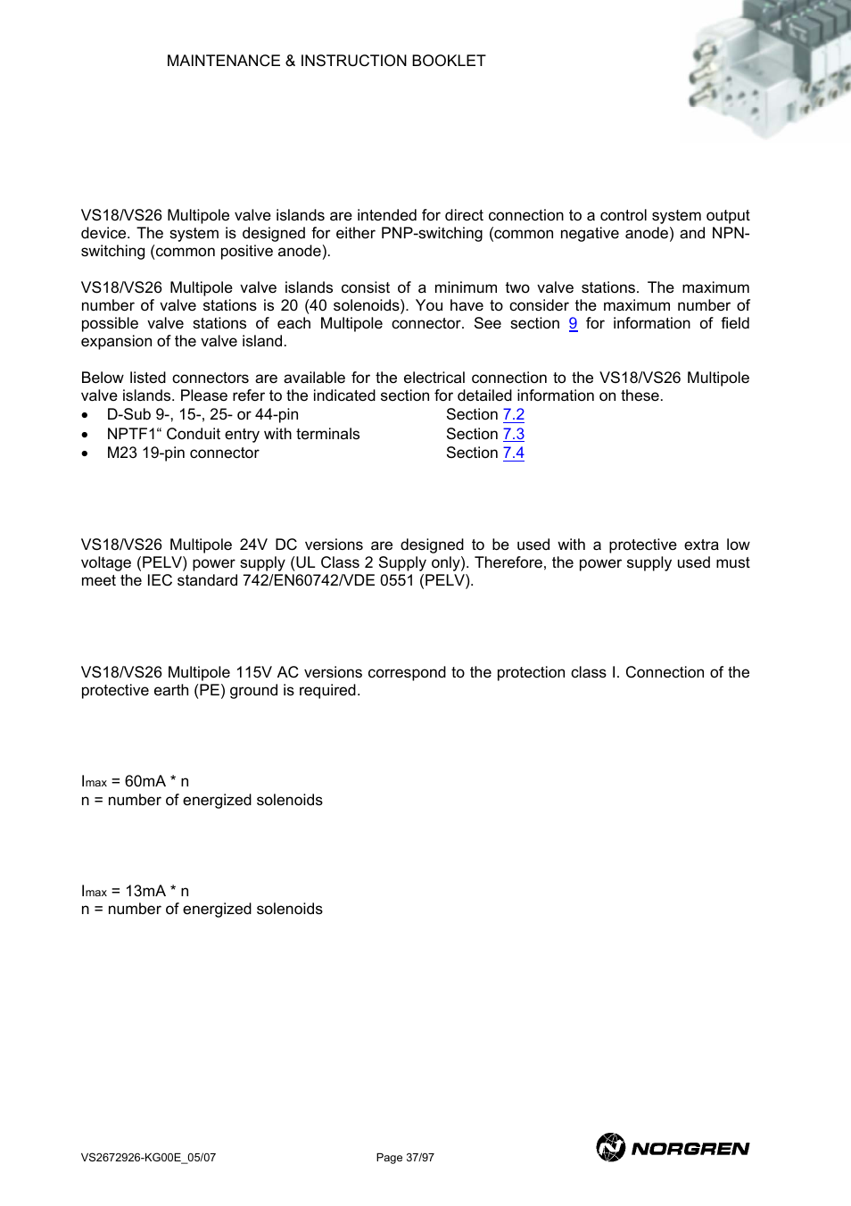 Multipole, General information, 24v dc power supply | 115v ac power supply, Max current load on valve connectors with 24v dc, Max current load on valve connectors with 115v ac, Ultipole, Eneral information | Norgren VS18 Series Valve Advantage User Manual | Page 37 / 97