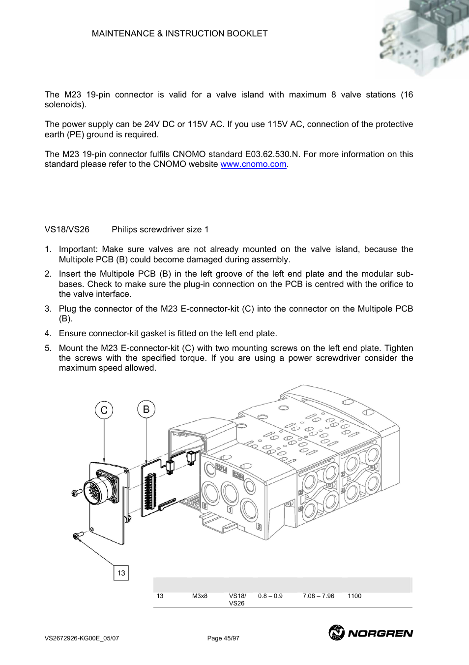 Variant with m23 connector, M23 assembly / installation of pcb, Ariant with | Connector | Norgren VS18 Series Valve Advantage User Manual | Page 45 / 97
