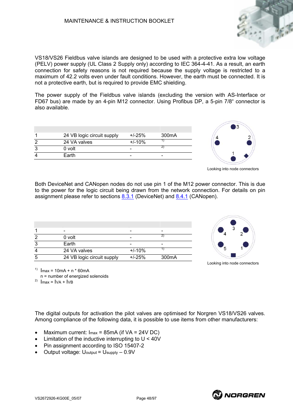 Power supply and pin assignment, Max. current load on valve connectors, 1 power supply and pin assignment | 2 max. current load on valve connectors | Norgren VS18 Series Valve Advantage User Manual | Page 48 / 97
