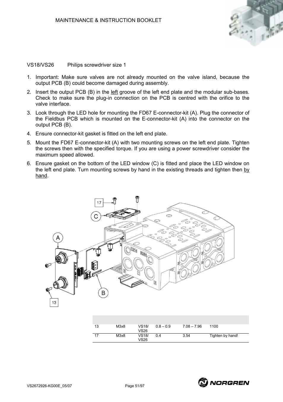 Fd67 bus assembly / installation of pcb, 5 fd67 bus assembly / installation of pcb | Norgren VS18 Series Valve Advantage User Manual | Page 51 / 97