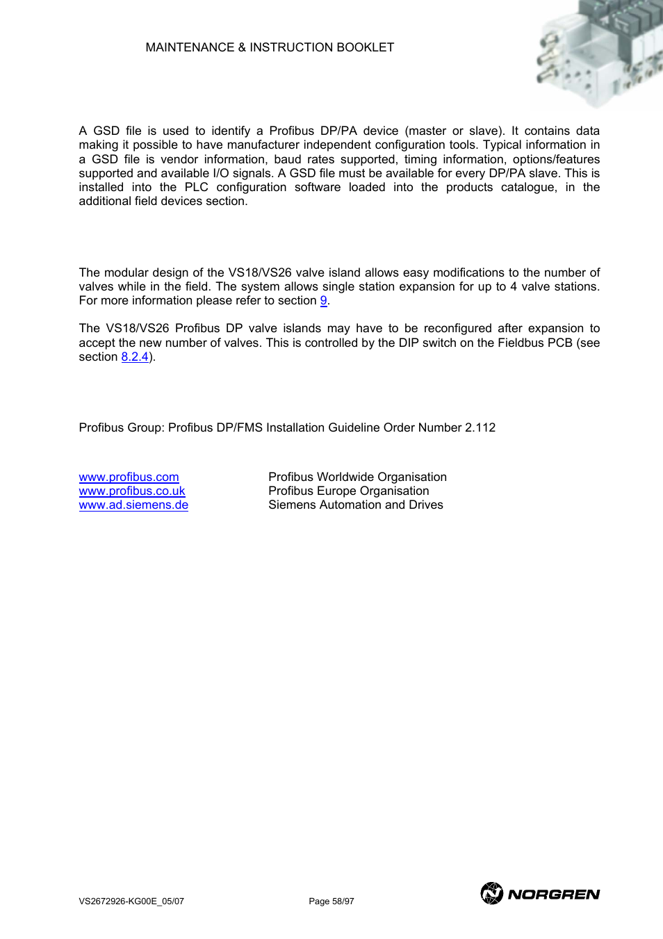 Gsd file, Profibus dp valve island expansion, More information on profibus dp | Norgren VS18 Series Valve Advantage User Manual | Page 58 / 97