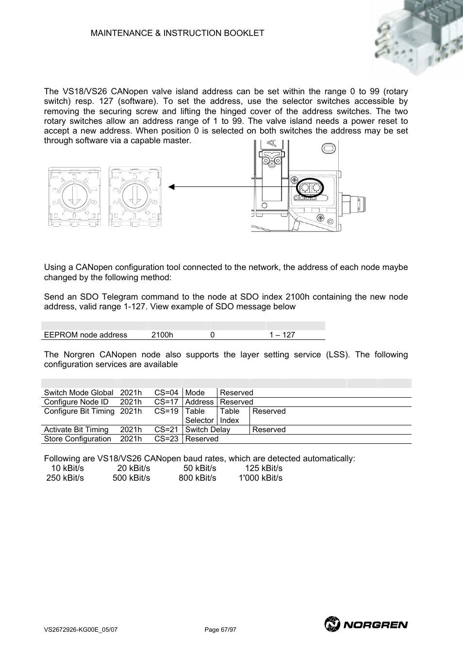 Canopen address and baud rate setting | Norgren VS18 Series Valve Advantage User Manual | Page 67 / 97