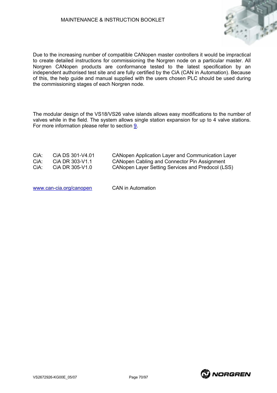 Canopen commissioning, Canopen valve island expansion, More information on canopen | Norgren VS18 Series Valve Advantage User Manual | Page 70 / 97