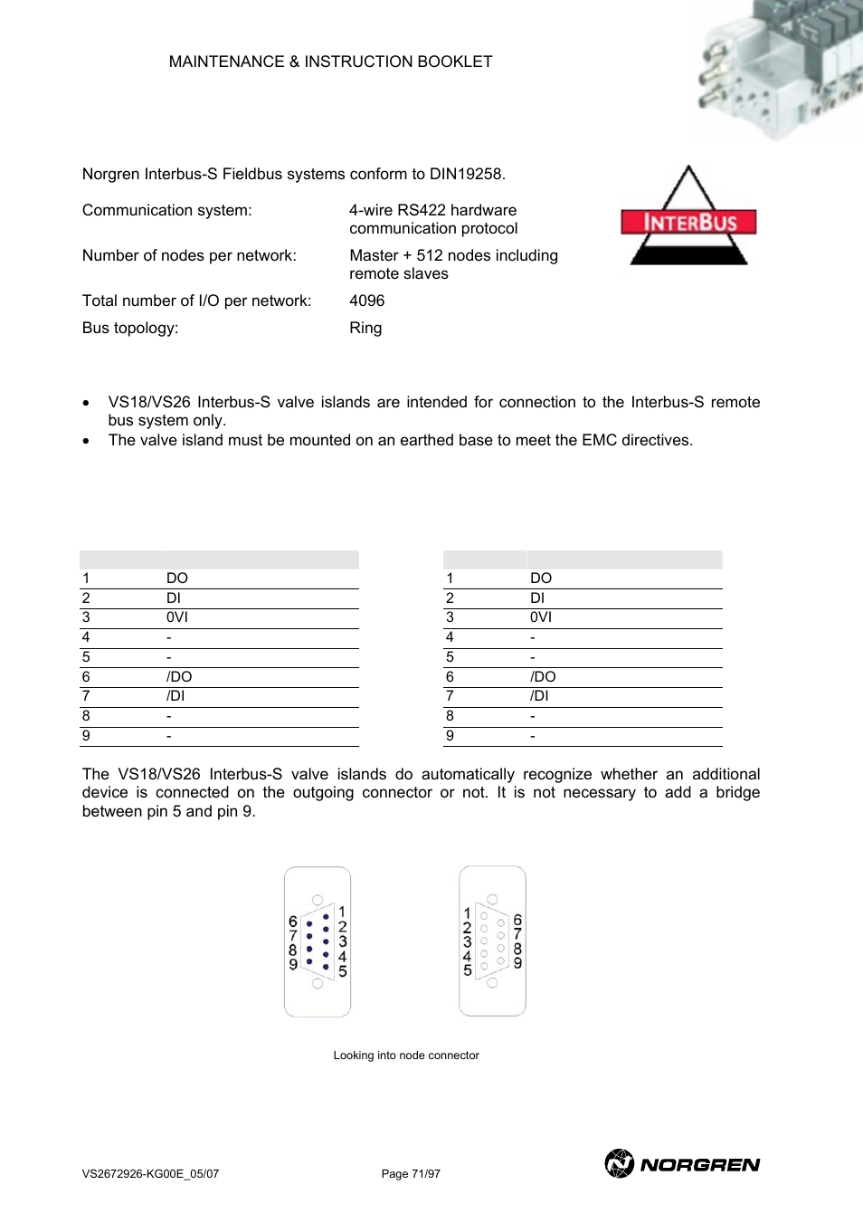 Interbus-s, Interbus-s pin assignment, Nterbus | Interbus-s section | Norgren VS18 Series Valve Advantage User Manual | Page 71 / 97