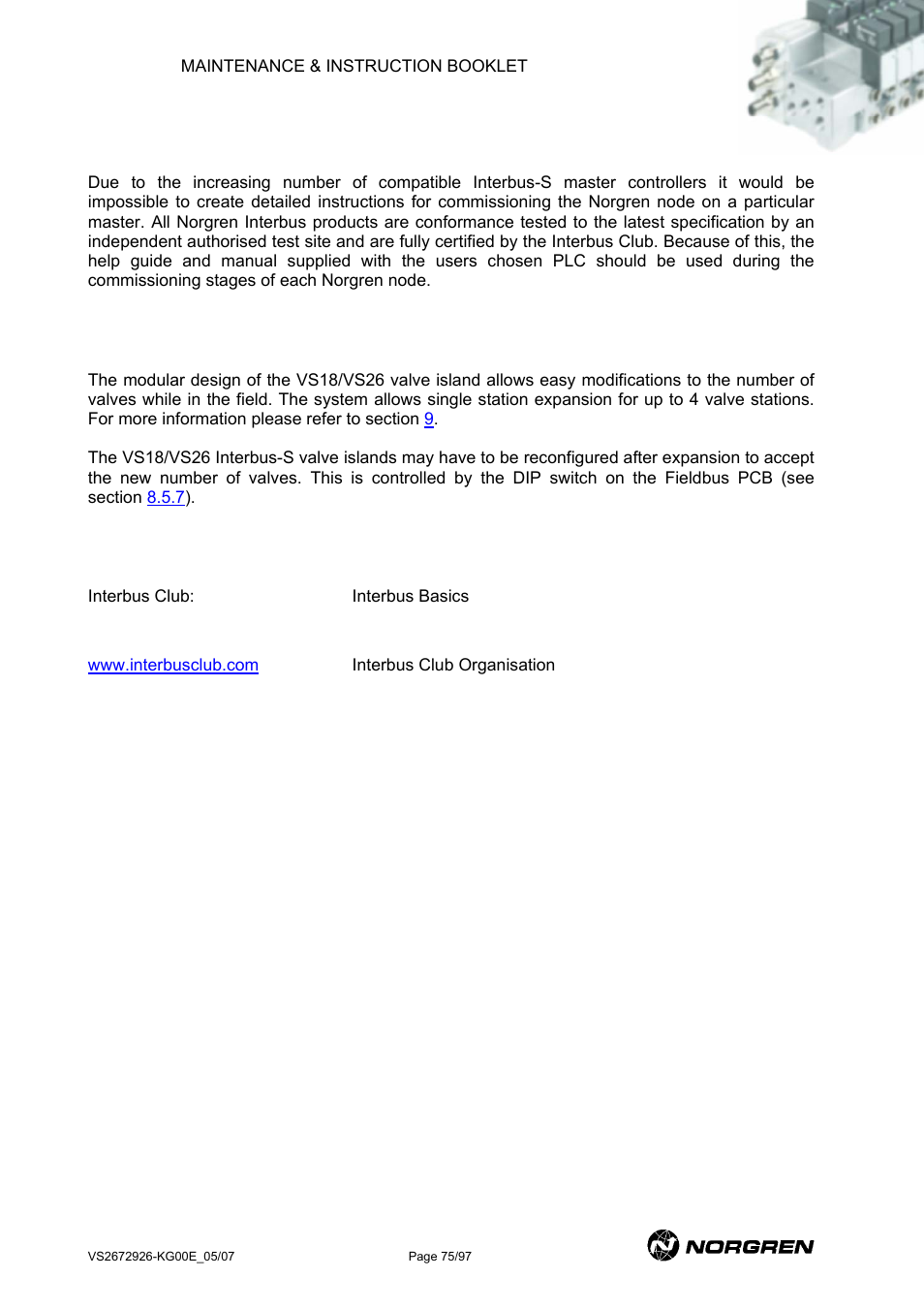 Interbus-s commissioning, Interbus-s valve island expansion, More information on interbus-s | Norgren VS18 Series Valve Advantage User Manual | Page 75 / 97