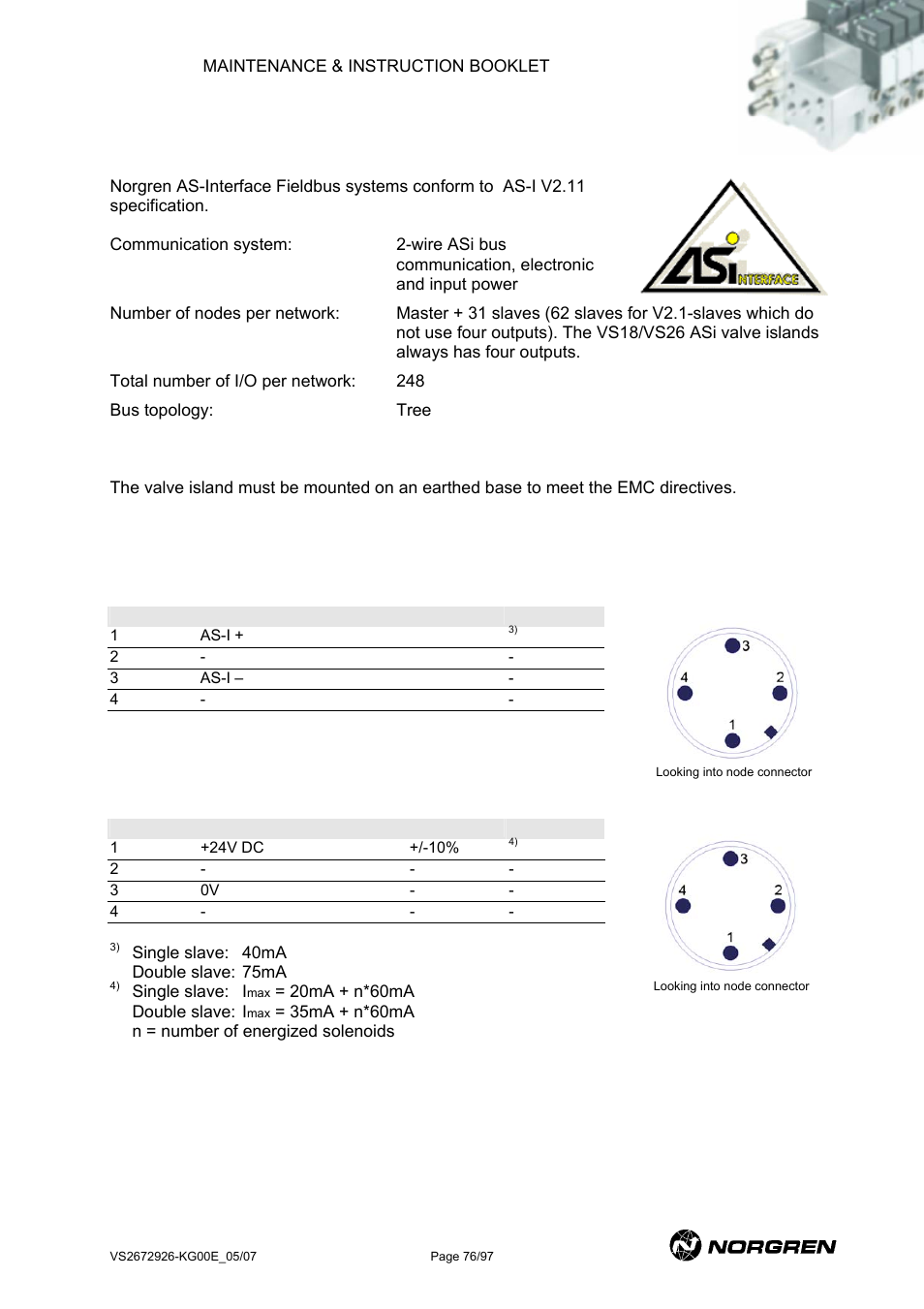 As-interface, As-interface pin assignment, As-i | Nterface, As-interface section, 6 as-i | Norgren VS18 Series Valve Advantage User Manual | Page 76 / 97