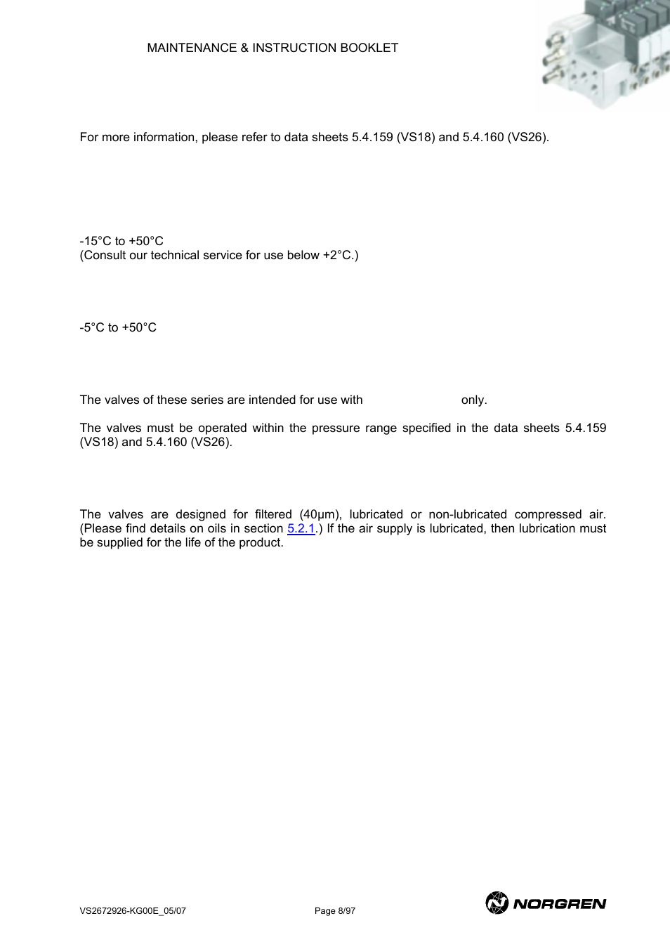 Technical data, Specification, Ambient temperature | Medium temperature, Medium, Air quality, Echnical, Pecification | Norgren VS18 Series Valve Advantage User Manual | Page 8 / 97