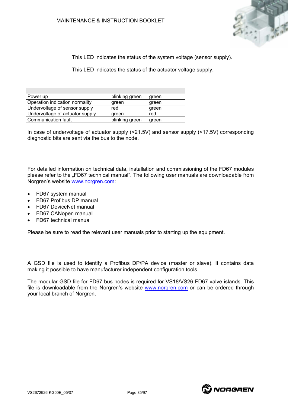 Fd67 bus led indicators and diagnostics, Fd67 bus commissioning, Fd67 profibus gsd file | Norgren VS18 Series Valve Advantage User Manual | Page 85 / 97