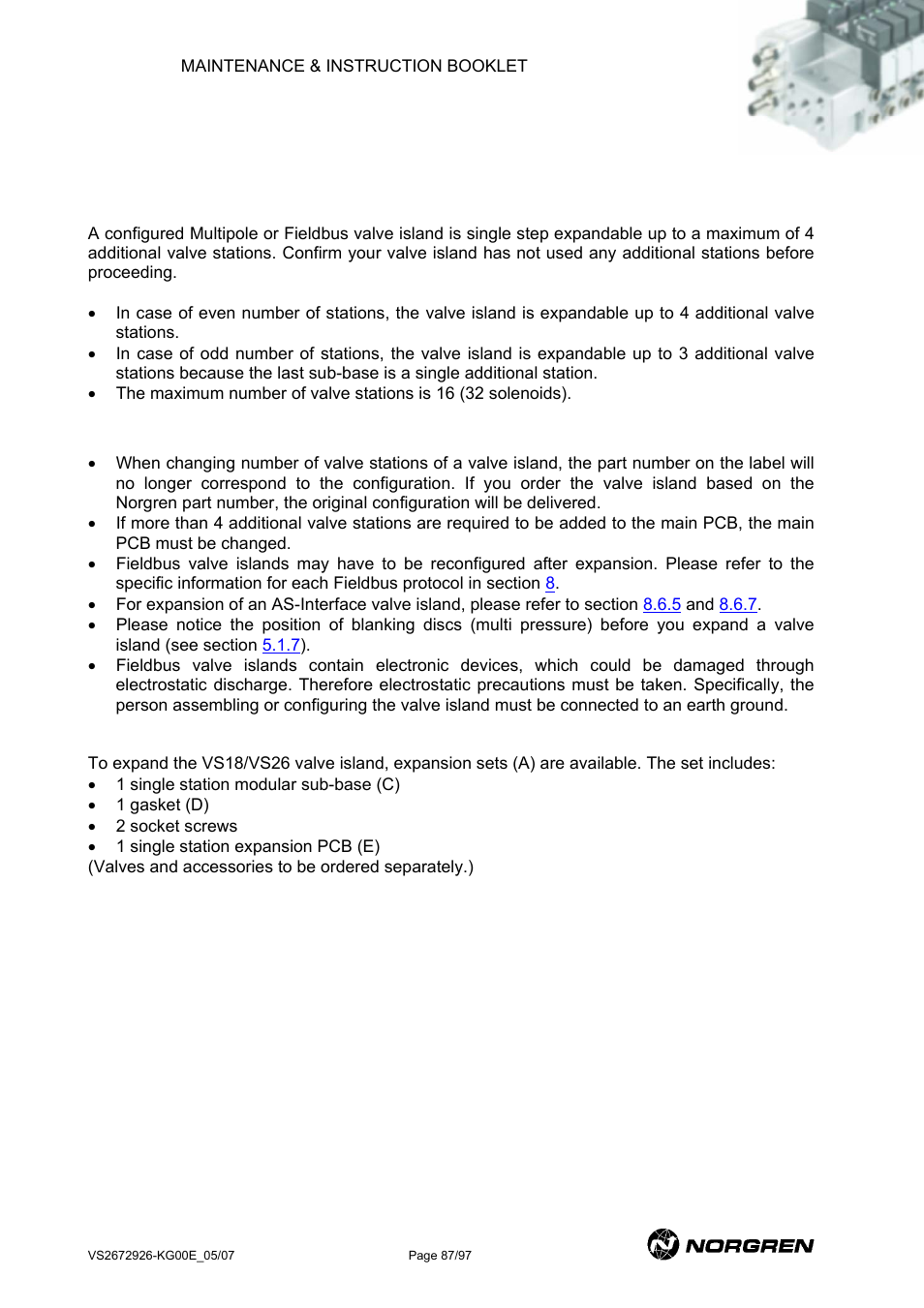 Valve island expansion, General information, Alve island expansion | Eneral information, For information of, For more information please refer to section | Norgren VS18 Series Valve Advantage User Manual | Page 87 / 97