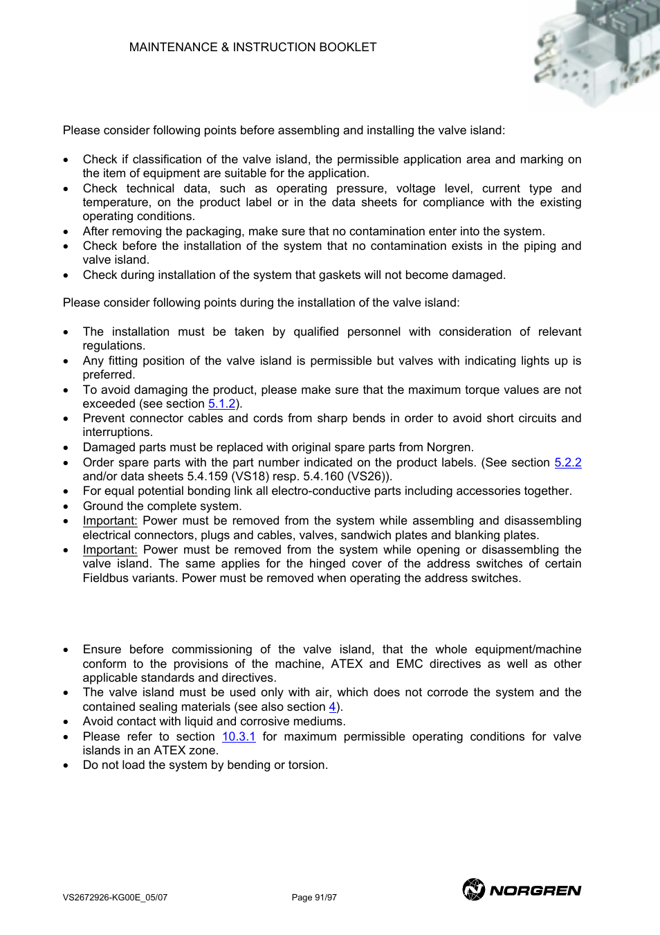 Installation, Operating | Norgren VS18 Series Valve Advantage User Manual | Page 91 / 97