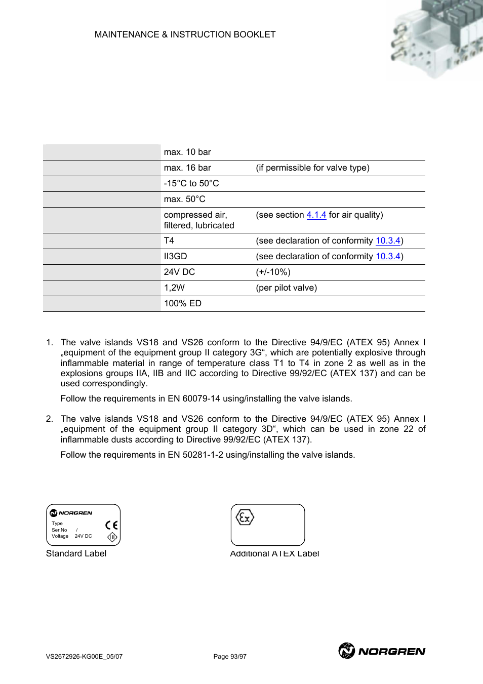 Atex conformity, Operating conditions, Labels | Atex, Conformity, 3 atex | Norgren VS18 Series Valve Advantage User Manual | Page 93 / 97