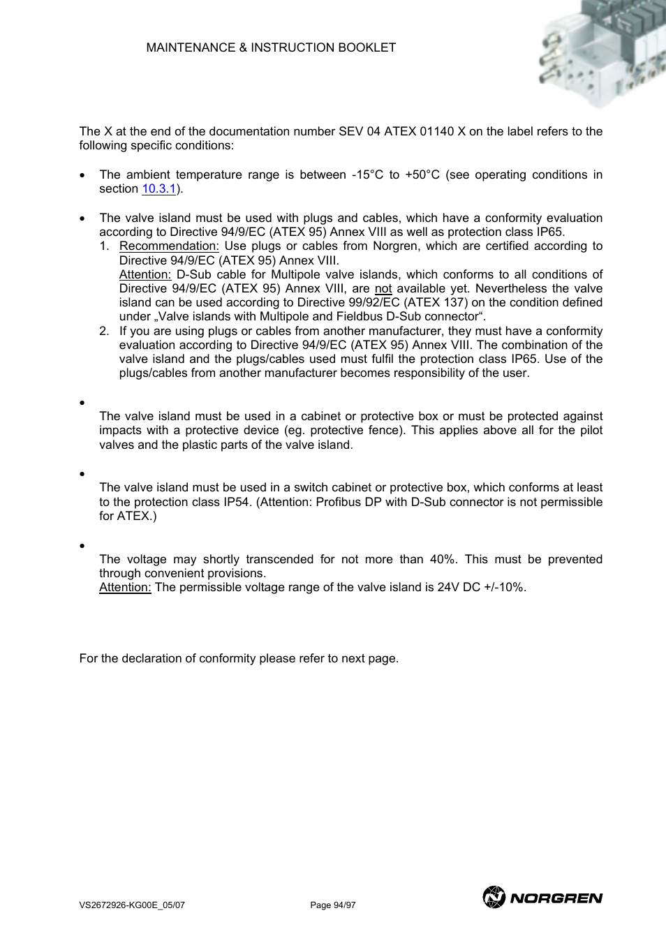 Specific conditions, Declaration of conformity, See declaration of conformity | Norgren VS18 Series Valve Advantage User Manual | Page 94 / 97