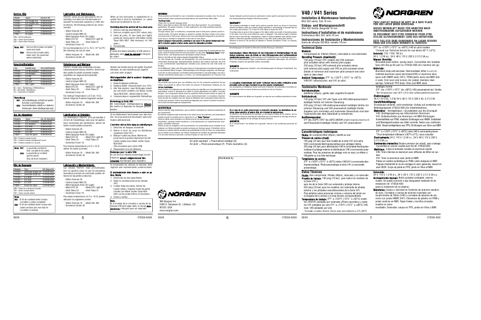 V40 / v41 series, Technical data, Installation & maintenance instructions | Einbau- und wartungsvorschrift, Instructions d’installation et de maintenance, Instrucciones de instalación y mantenimiento, Technische merkmale, Caractéristiques techniques, Datos técnicos | Norgren V41 Mini ISO Valves-Solenoid User Manual | Page 2 / 2