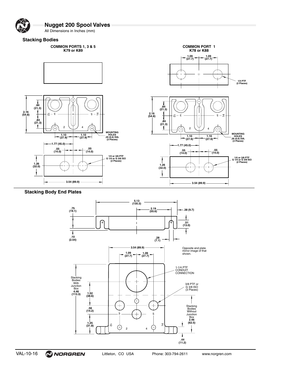 Nugget 200 spool valves, Val-10-16, Stacking bodies stacking body end plates | Norgren 200 Series Nugget Spool Valves User Manual | Page 16 / 38
