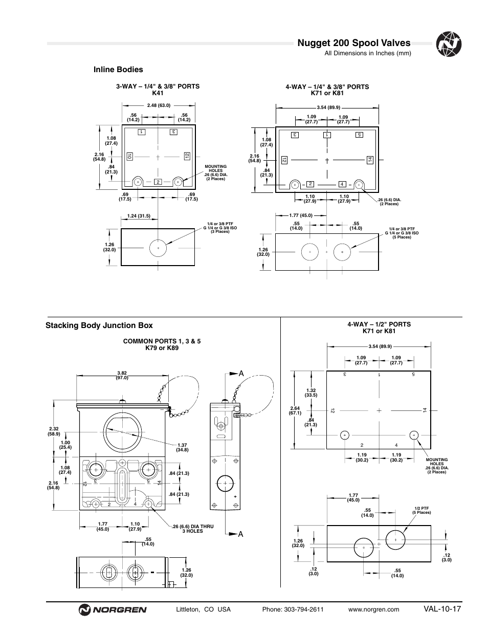 Nugget 200 spool valves, Val-10-17 inline bodies stacking body junction box | Norgren 200 Series Nugget Spool Valves User Manual | Page 17 / 38