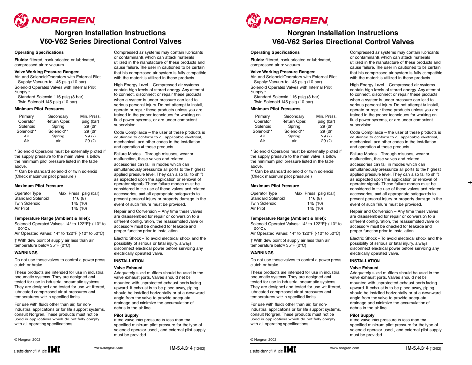 Norgren V62 Series Directional Control Valves Installation Instructions User Manual | 2 pages