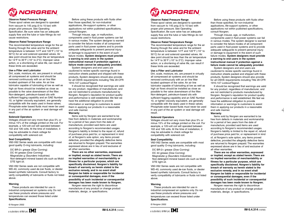 Norgren V62 Series Directional Control Valves Installation Instructions User Manual | Page 2 / 2