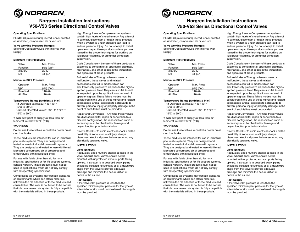 Norgren V52 Series Installation Instructions User Manual | 2 pages