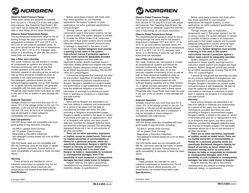 Norgren V52 Series Installation Instructions User Manual | Page 2 / 2