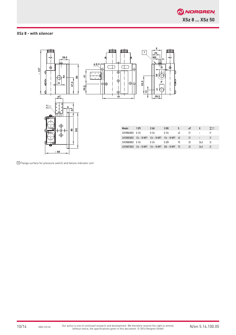 Xsz 8 ... xsz 50, Xsz 8 - with silencer | Norgren XSZ Series User Manual | Page 5 / 10