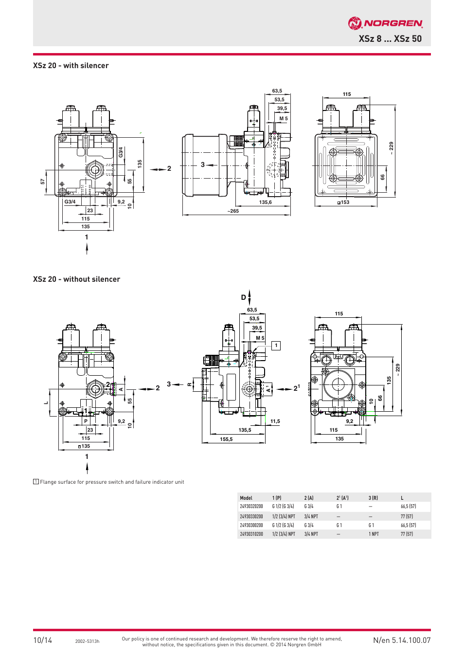Xsz 8 ... xsz 50, Xsz 20 - with silencer xsz 20 - without silencer | Norgren XSZ Series User Manual | Page 7 / 10